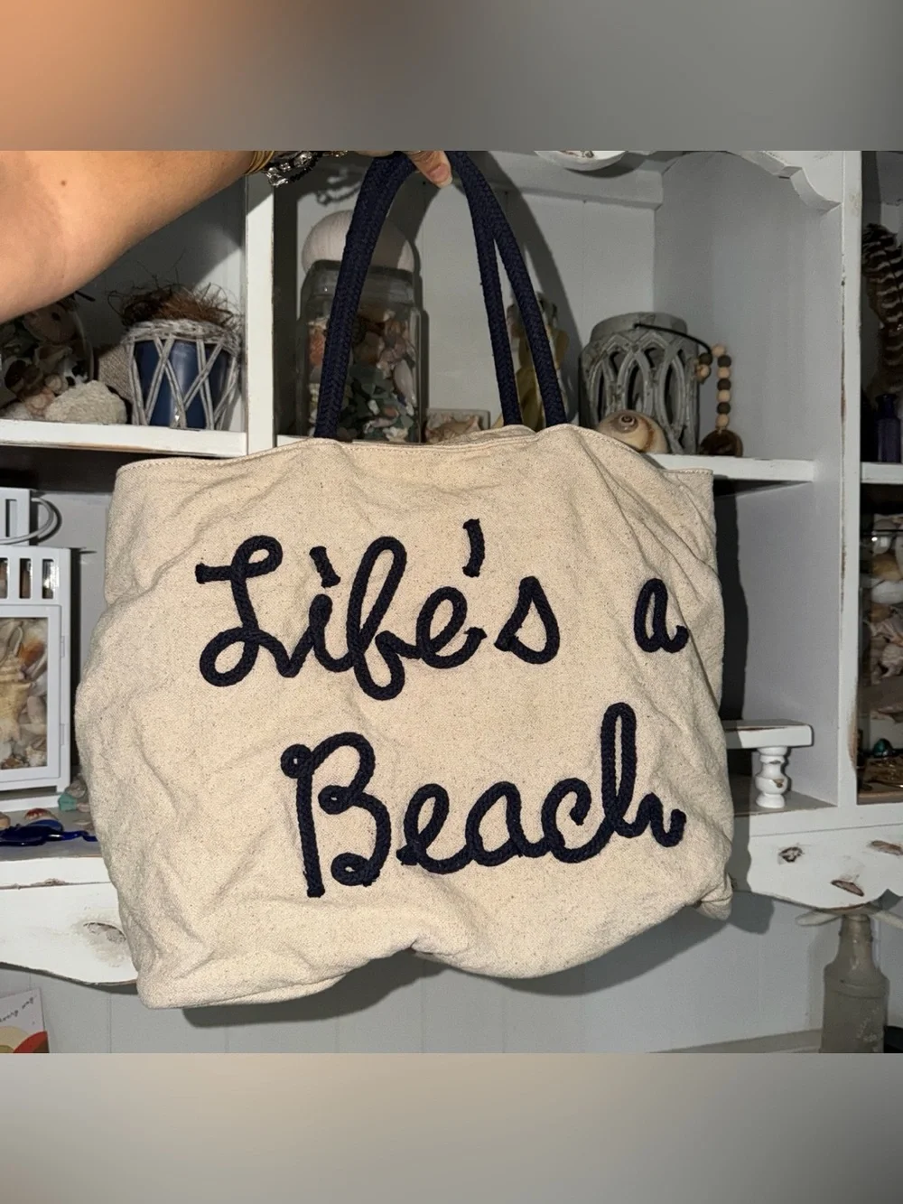 Canvas 'Life's a Beach' Tote Bag in Natural with Navy Script in rope fun beach